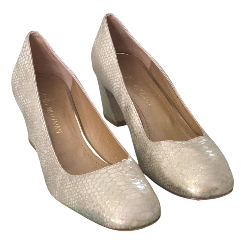 Stuart Weitzman MaryMid Platino Washed Python Pump Gold Leather Heel SZ 10M